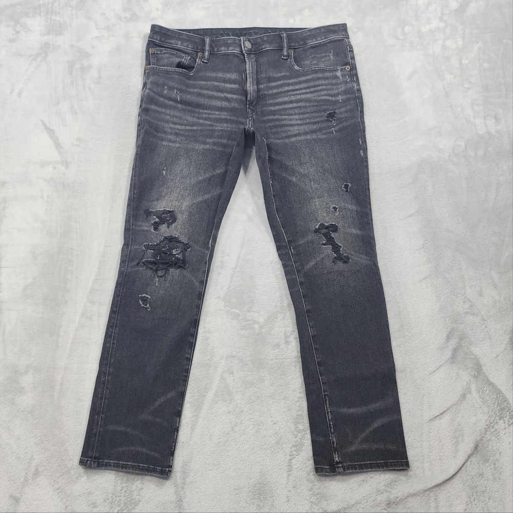 American Eagle Jeans Mens 36x30 Black Charcoal Wash Slim Leg Stretch Distressed